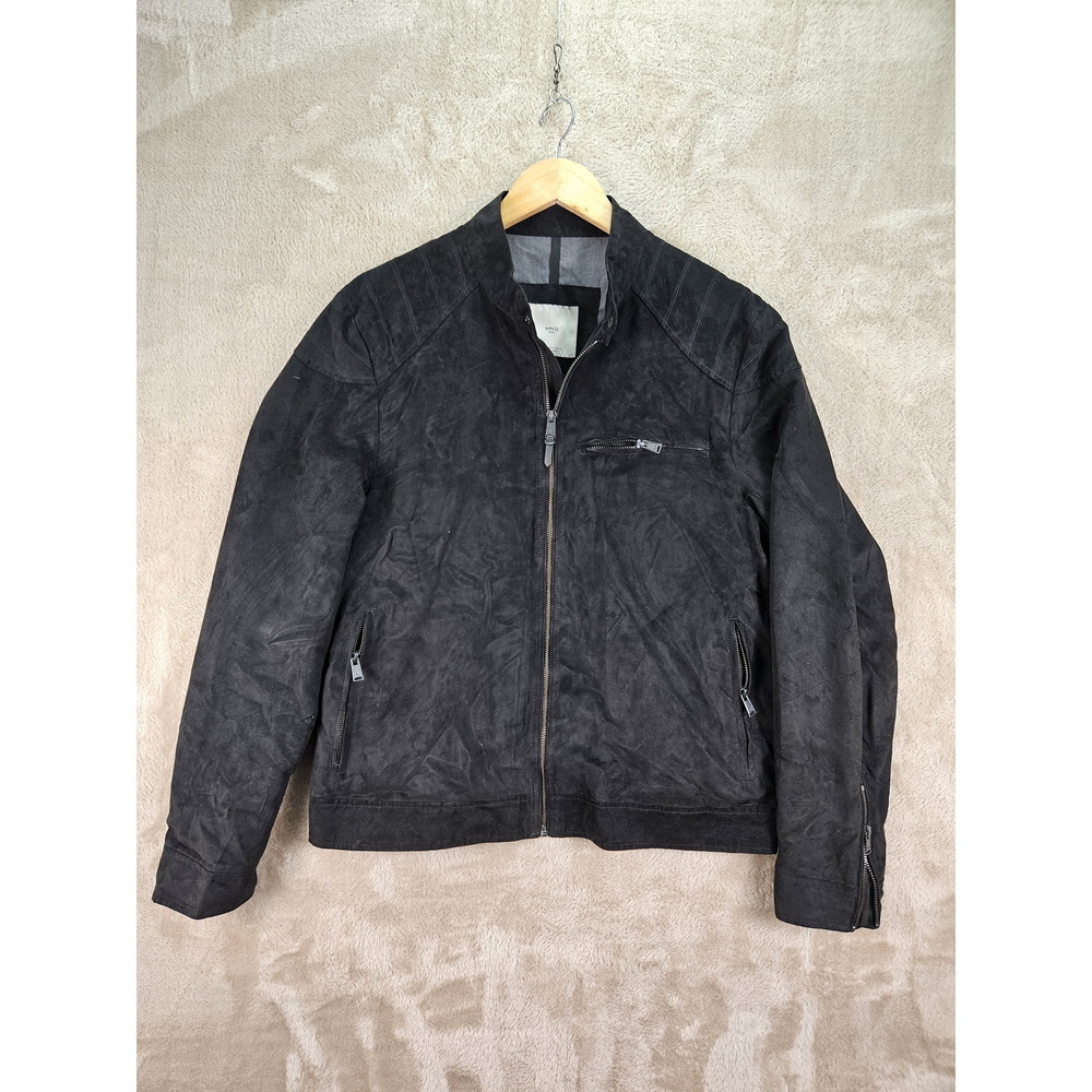 MANGO Faux Suede Biker Jacket Moto-style Zippered Pockets Size M Black